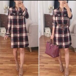 Caslon Plaid Shirt Dress - Black and Red XS